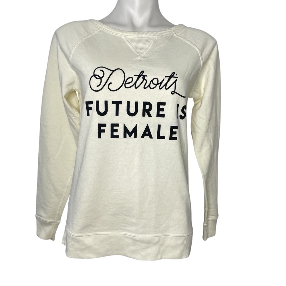 Detroits Future Is Female Sweatshirt Small Ivory Black Alternative Crew Neck L/S